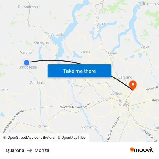 Quarona to Monza map