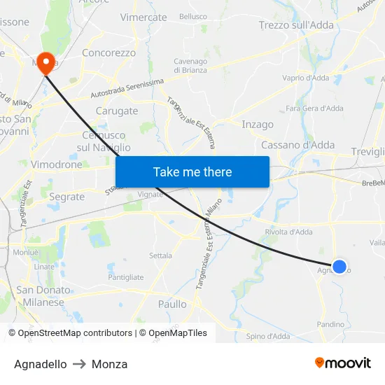 Agnadello to Monza map