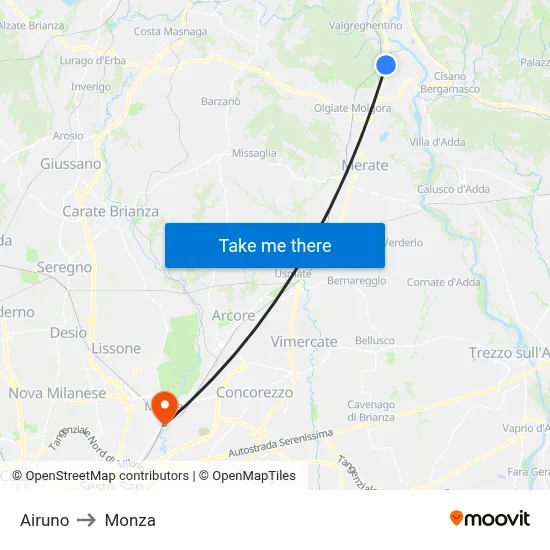 Airuno to Monza map