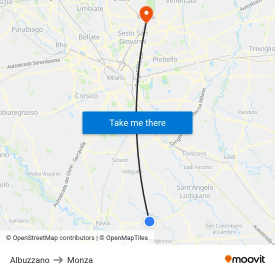 Albuzzano to Monza map