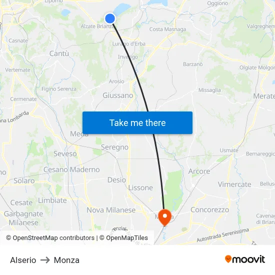 Alserio to Monza map