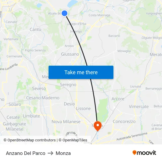 Anzano Del Parco to Monza map