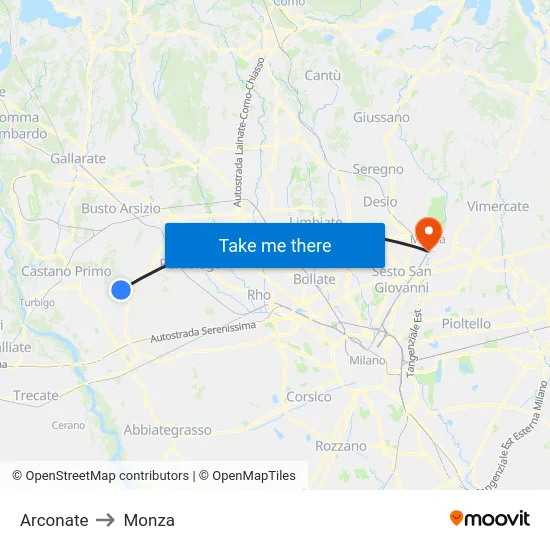 Arconate to Monza map