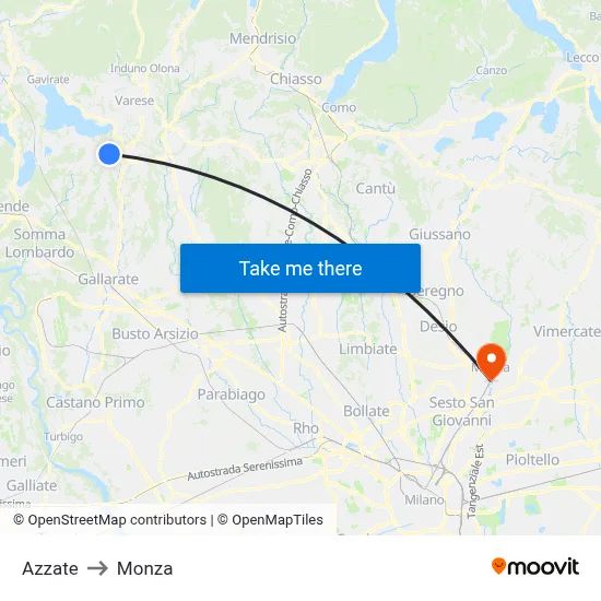 Azzate to Monza map
