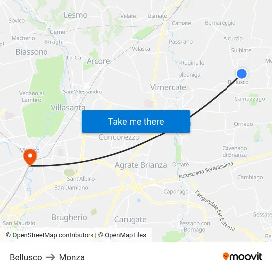 Bellusco to Monza map