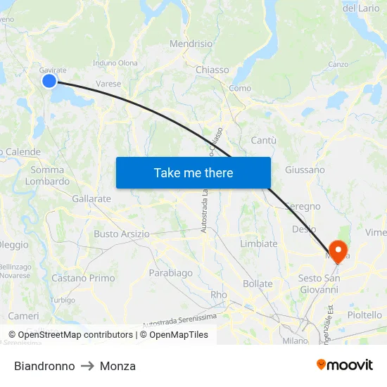 Biandronno to Monza map