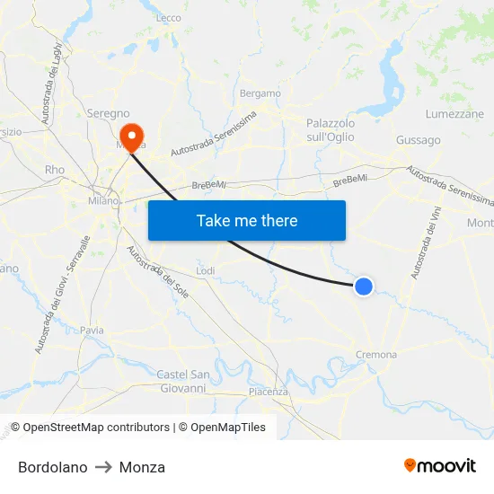 Bordolano to Monza map