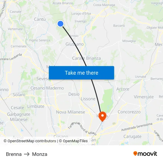 Brenna to Monza map