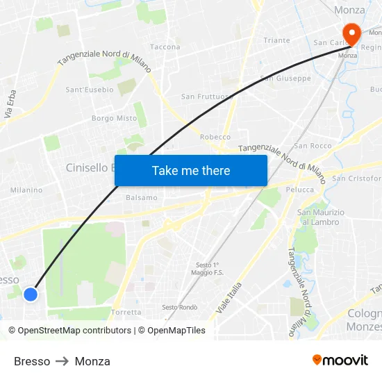 Bresso to Monza map