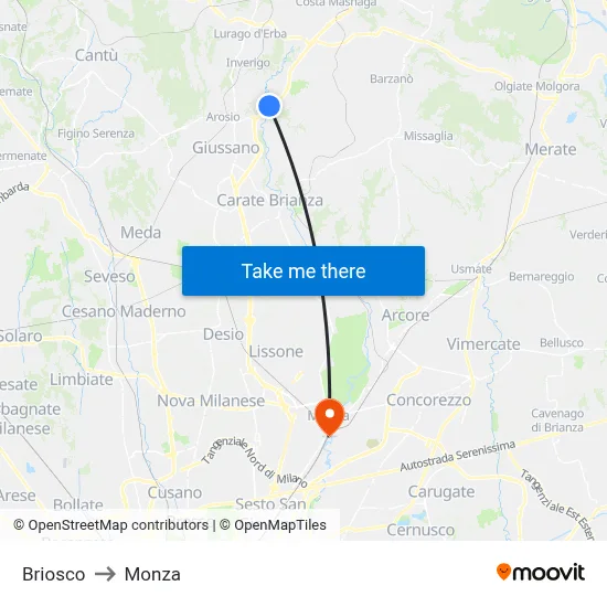 Briosco to Monza map