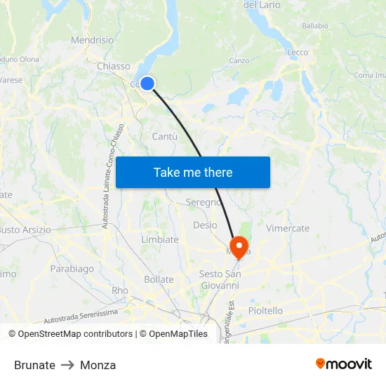 Brunate to Monza map
