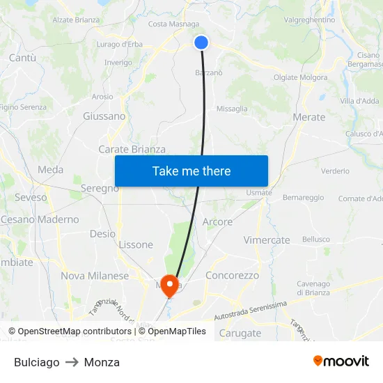 Bulciago to Monza map