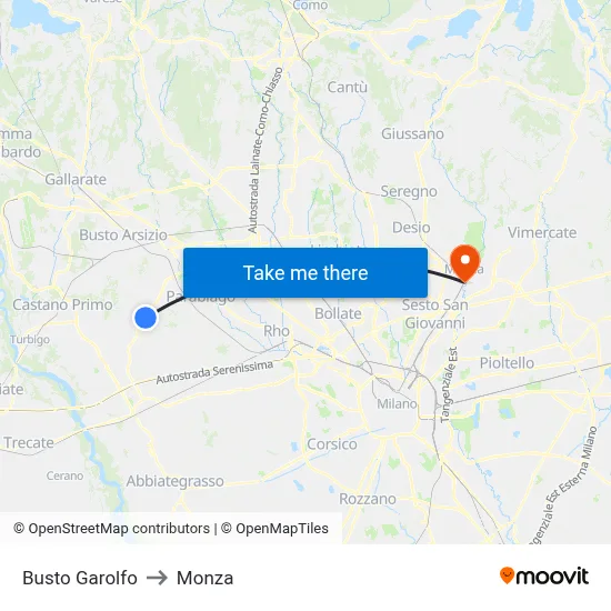 Busto Garolfo to Monza map