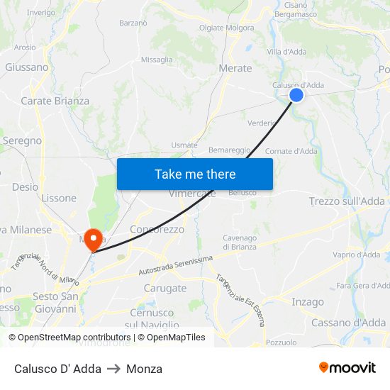 Calusco D' Adda to Monza map