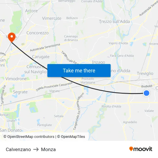 Calvenzano to Monza map