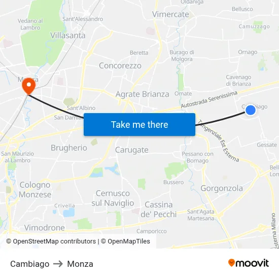 Cambiago to Monza map