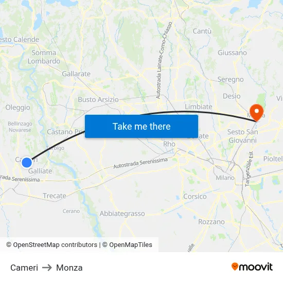 Cameri to Monza map