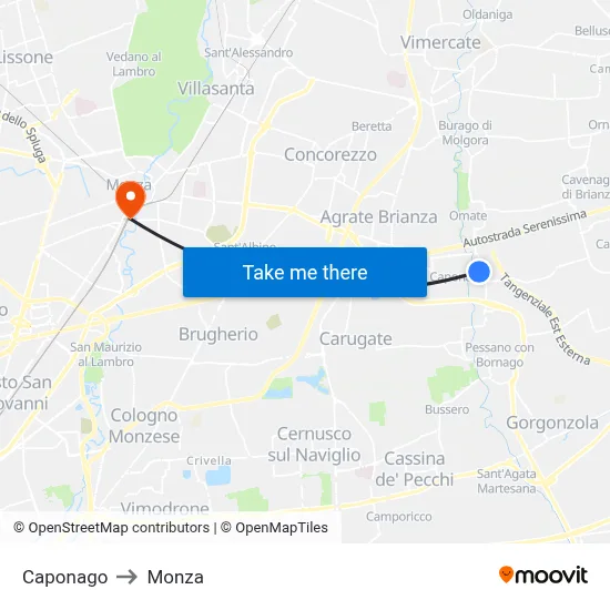 Caponago to Monza map