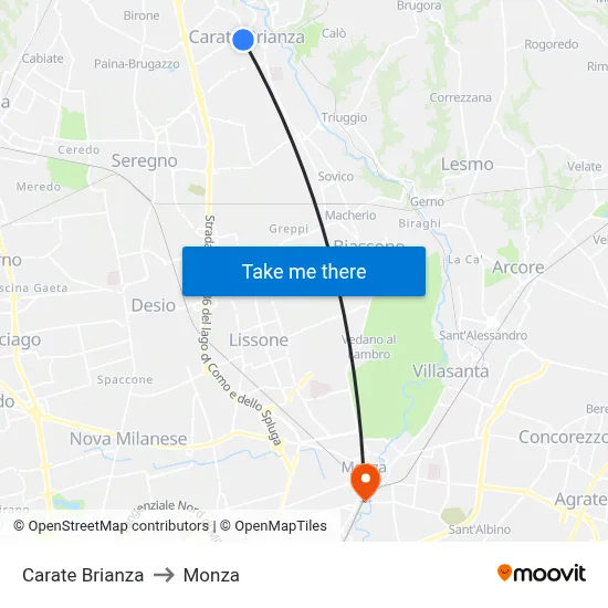 Carate Brianza to Monza map