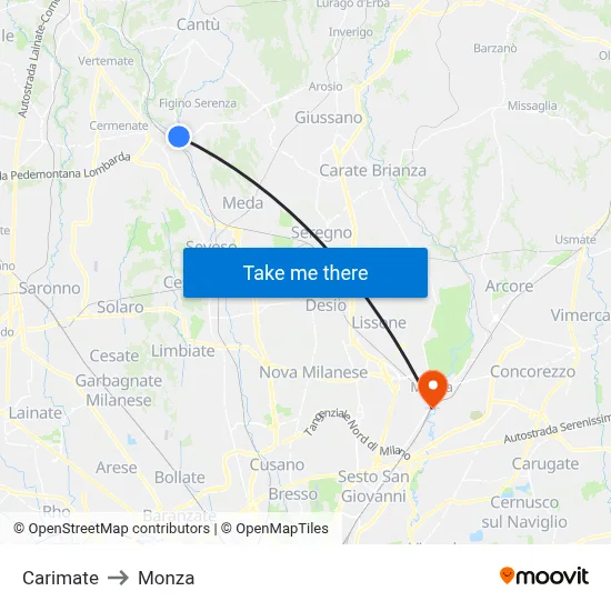 Carimate to Monza map