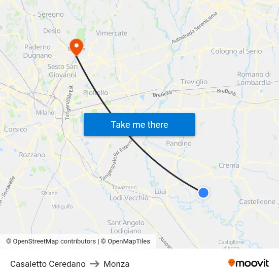 Casaletto Ceredano to Monza map