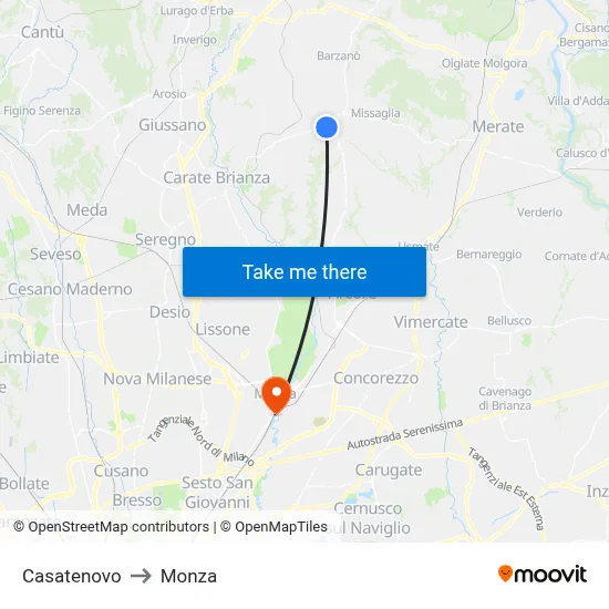 Casatenovo to Monza map