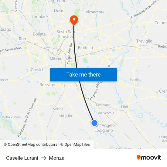 Caselle Lurani to Monza map