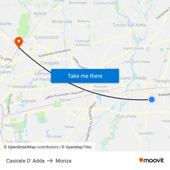 Casirate D' Adda to Monza map