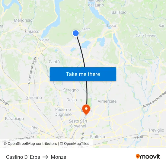 Caslino d'Erba to Monza map
