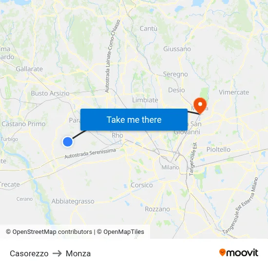 Casorezzo to Monza map