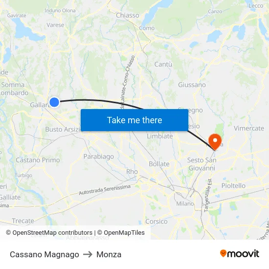 Cassano Magnago to Monza map