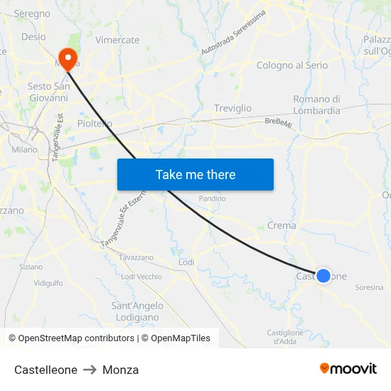 Castelleone to Monza map