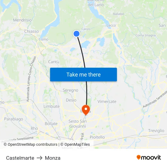 Castelmarte to Monza map