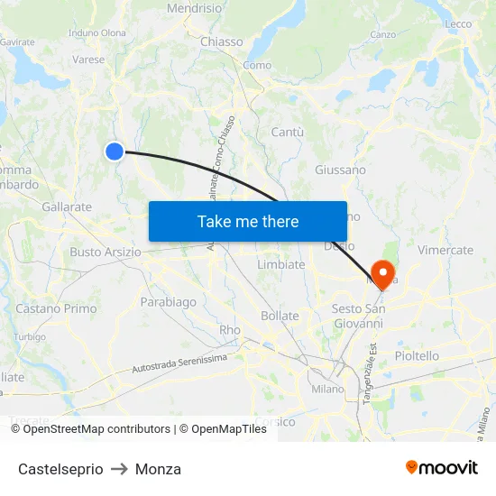 Castelseprio to Monza map