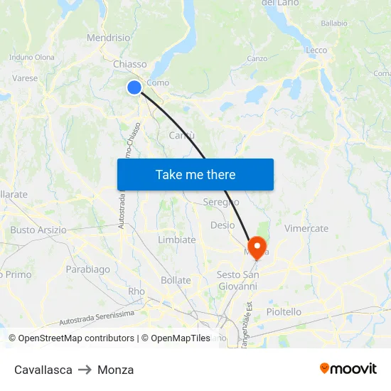 Cavallasca to Monza map