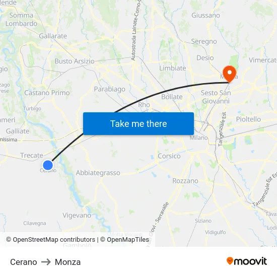Cerano to Monza map