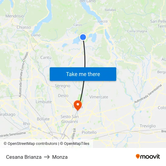Cesana Brianza to Monza map