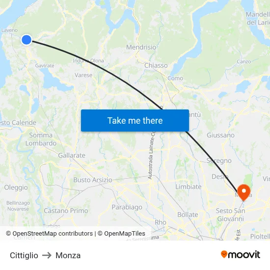Cittiglio to Monza map