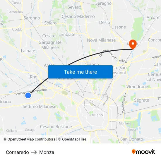 Cornaredo to Monza map