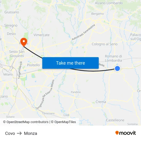 Covo to Monza map