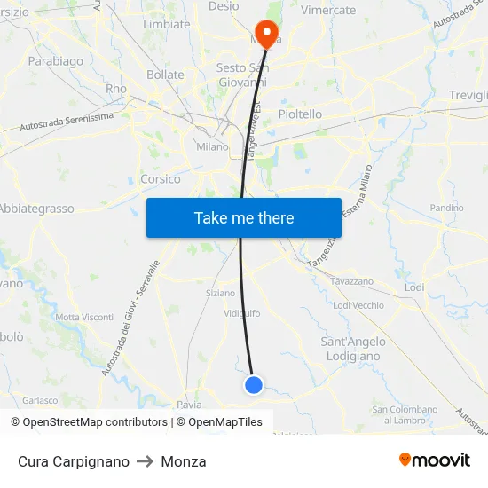 Cura Carpignano to Monza map