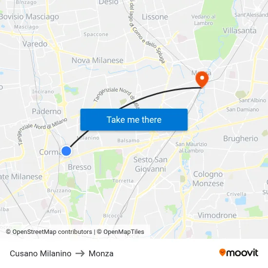 Cusano Milanino to Monza map
