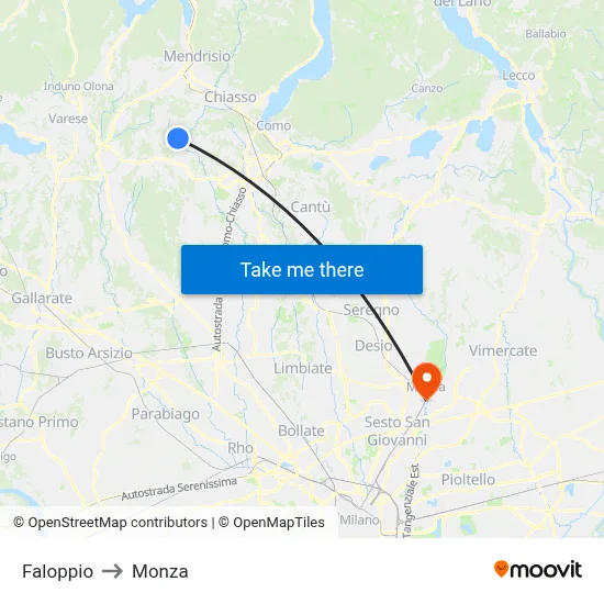Faloppio to Monza map