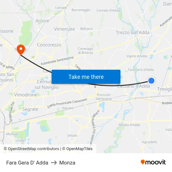 Fara Gera D' Adda to Monza map