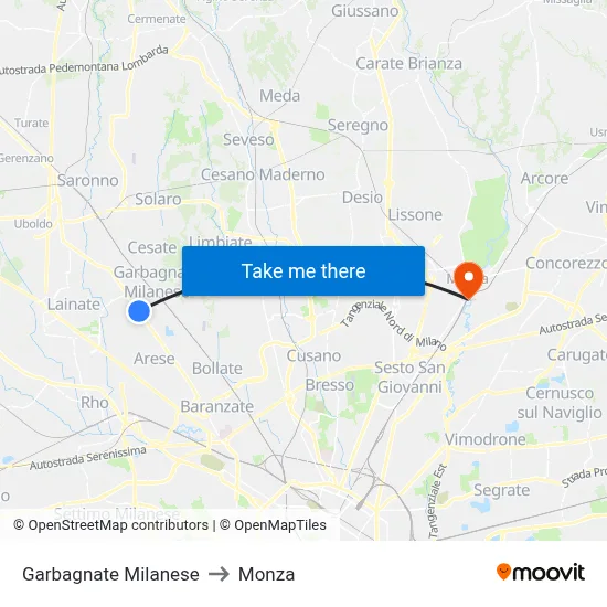 Garbagnate Milanese to Monza map