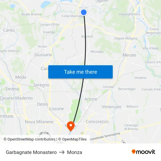 Garbagnate Monastero to Monza map