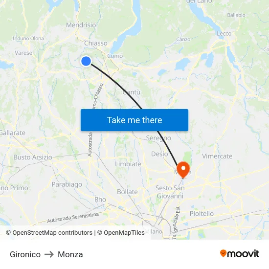 Gironico to Monza map