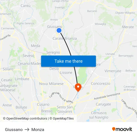 Giussano to Monza map