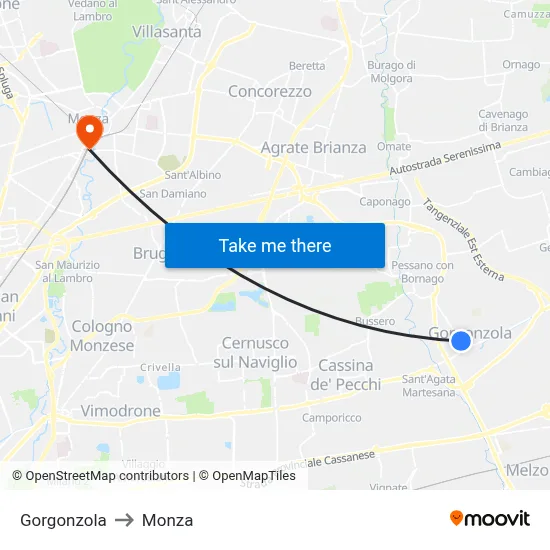 Gorgonzola to Monza map