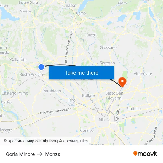 Gorla Minore to Monza map